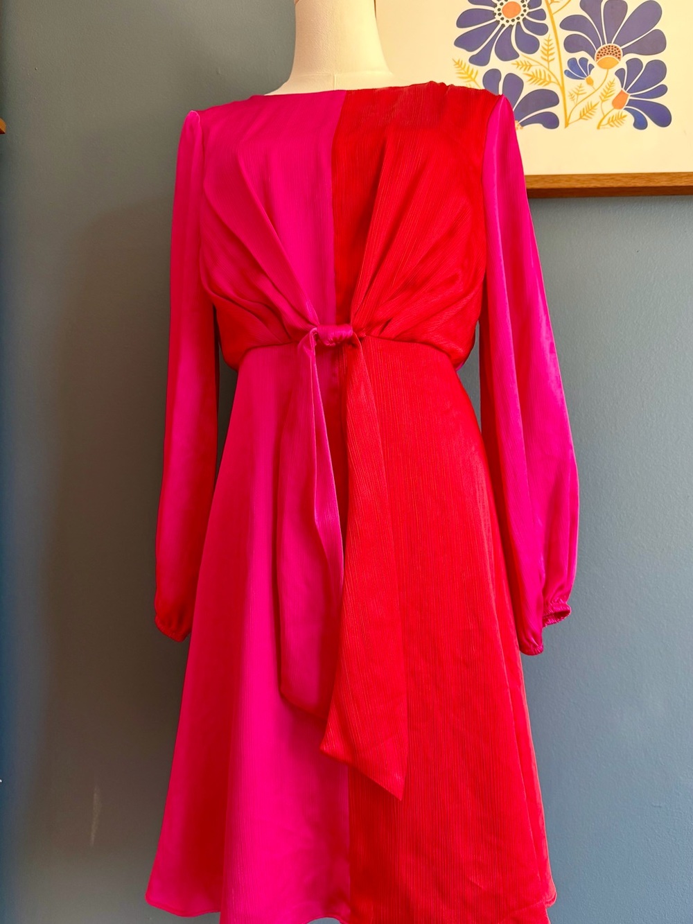 Maison Tara Two-Tone Hot Pink & Red Long-Sleeve Tie-Front Dress